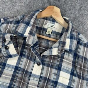 L.L.Bean Flannel Shirt Womens Medium Blue Brown Plaid Relaxed Fit Long Sleeve